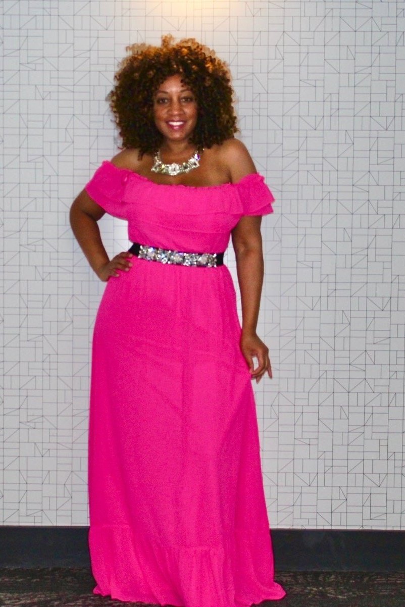 hot pink off the shoulder maxi dress Off-shoulder Pink Maxi Dress With Puff Sleeves