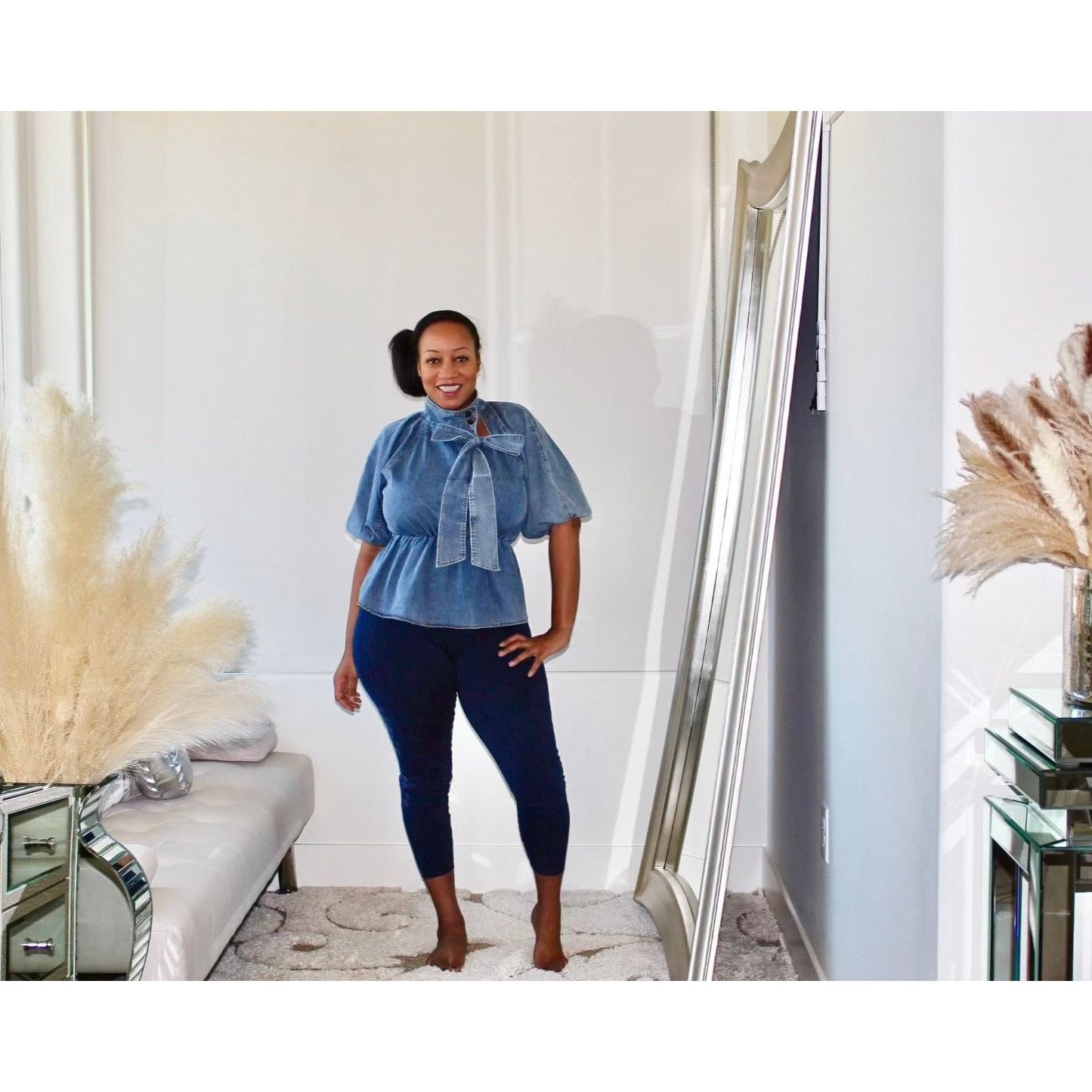 Bow Down Balloon Sleeve Denim Blouse *SHIPS 9/16*