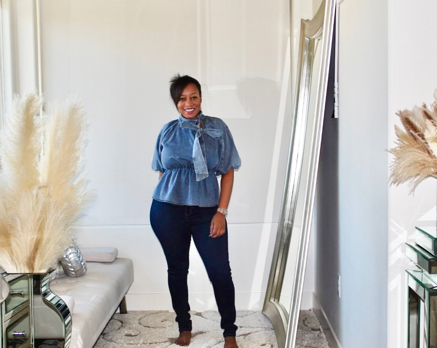 Bow Down Balloon Sleeve Denim Blouse *SHIPS 9/16*