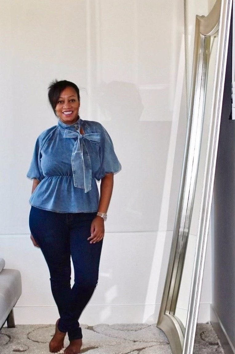 Bow Down Balloon Sleeve Denim Blouse *SHIPS 9/16*