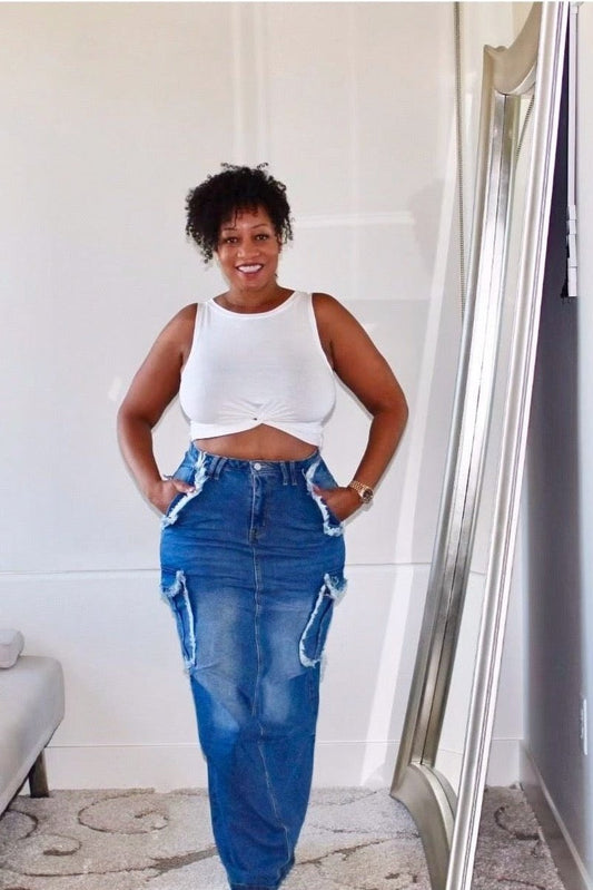 Fragile Cargo Denim Maxi Skirt