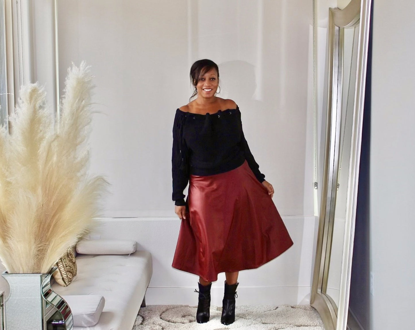 Swing By Faux Leather Midi Skirt
